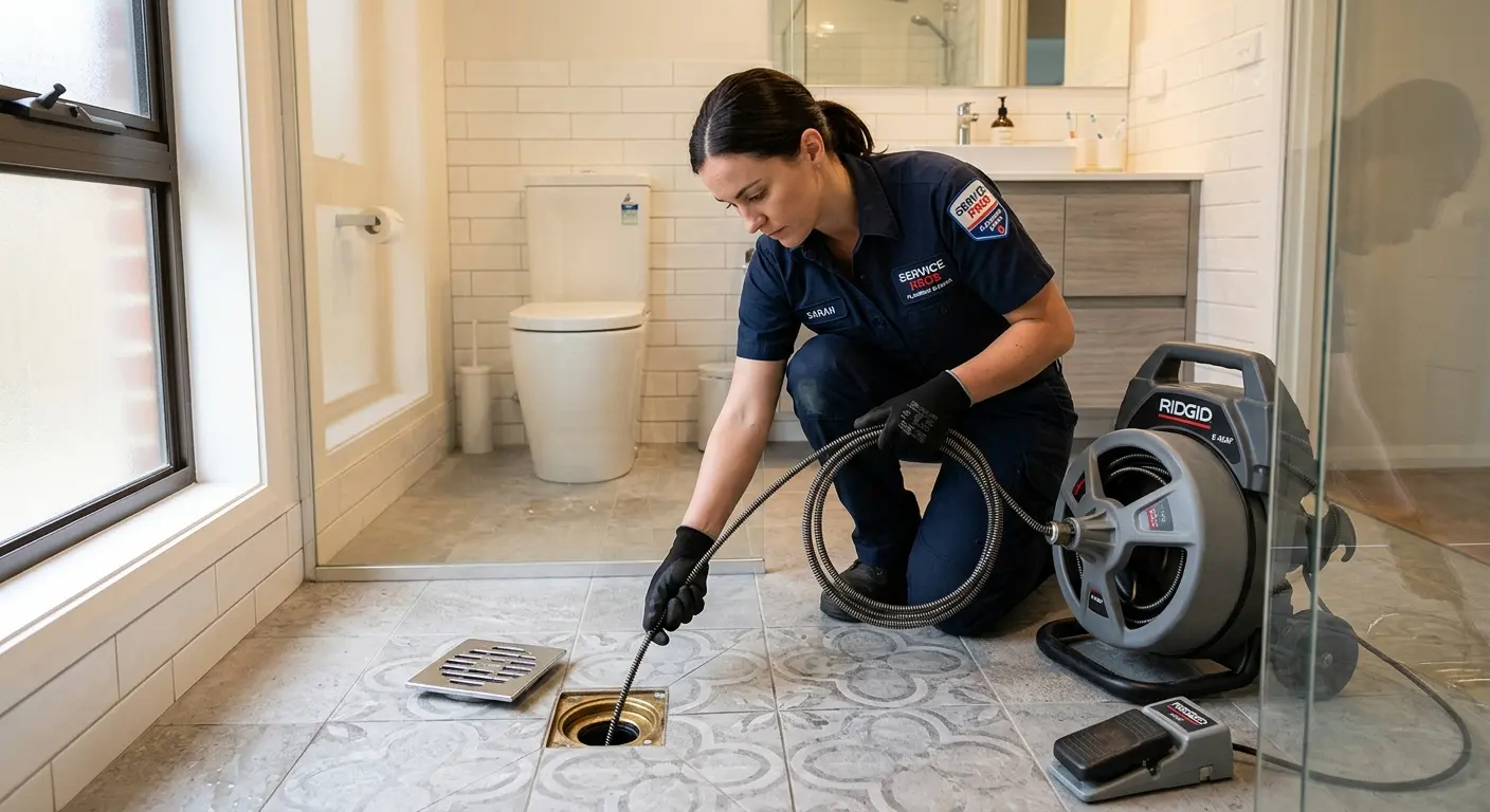 Technician clearing a bathroom floor drain for Hydro Jetting in Coto de Caza